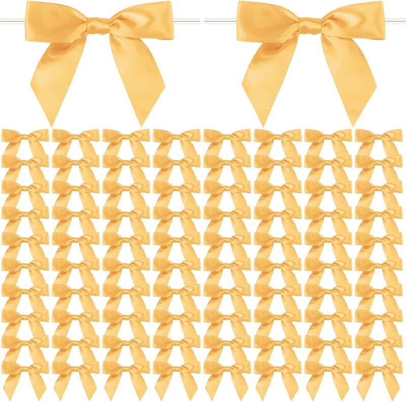 Adodotoe Gold Twist Tie Bows, 100 Pcs Satin Twist Tie Bows for Treat Bag Satin Ribbon Tie Bows for Tying Up Packages Present Bags Bakery Candy Bags Decorating Ribbon Bow Gift Wrap Bows - Image 1